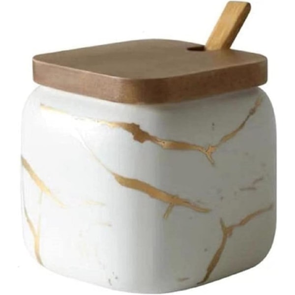 MAGICVOGEL Krydderikrukke i keramik med marmorlook 360 ml - Med låg og ske - 9 x 8,7 cm - Hvid