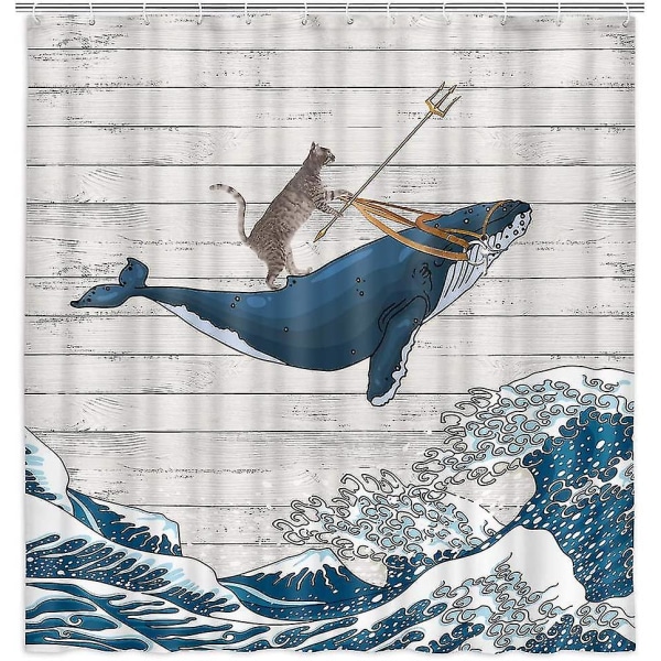 Sjovt bruseforhæng - Cool Cat Riding Whale In Ocean Wave (71x71in)
