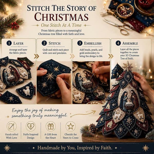 DIY Julgranskit – Ett pysselset med kristet tema som innehåller en julkrubba, pärlor, broderi och tyg (DIY patchwork och quiltning). E