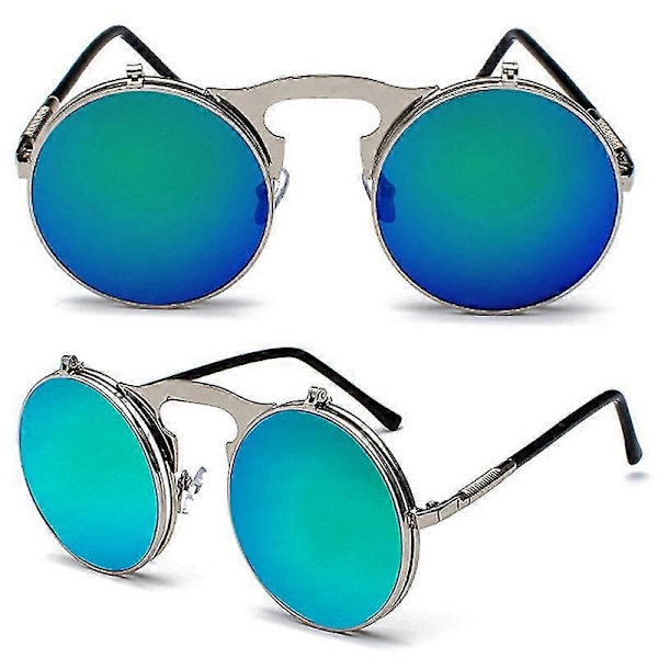 Retro Flip Up Circle Steampunk Solbriller Goggles Cirkel Solbriller Vintage Briller til Mænd og Kvinder Silver Frame Green Lenses
