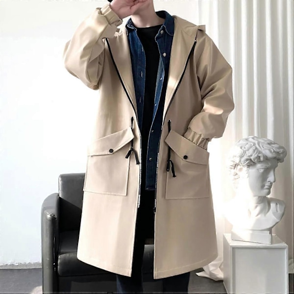 Vattentät vårjacka Herr med huva Vindtät Enfärgad Trendig Kappa Ledig Bekväm Parkas Lång XXL khaki