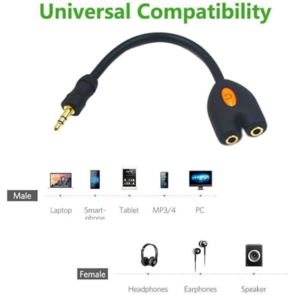 3,5 mm hörlursdelare, 3,5 mm hane till 2 hona delare Y-kontakt AUX-adapter kompatibel headset surfplatta smartphone MP3-spelare och mer, svart