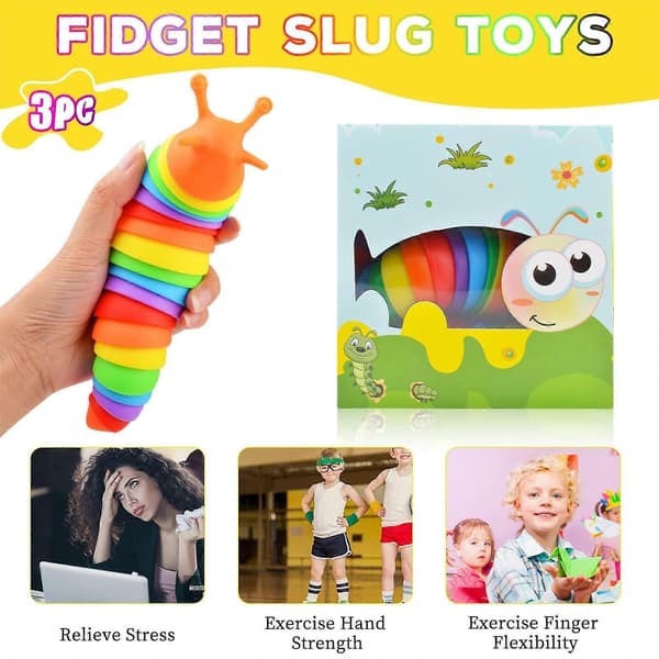 Fidget Slug Leker 3 stk - Sensoriske Angstlindrende Leker for Autistiske Barn, Småbarn