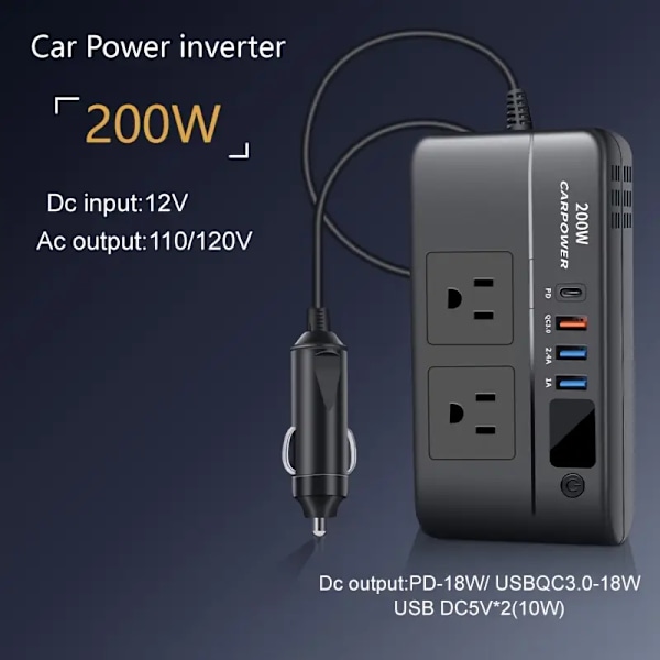 Billaddningsstation 200W Billaddare 12V till 220V/110V Multifunktionell Bilomvandlare