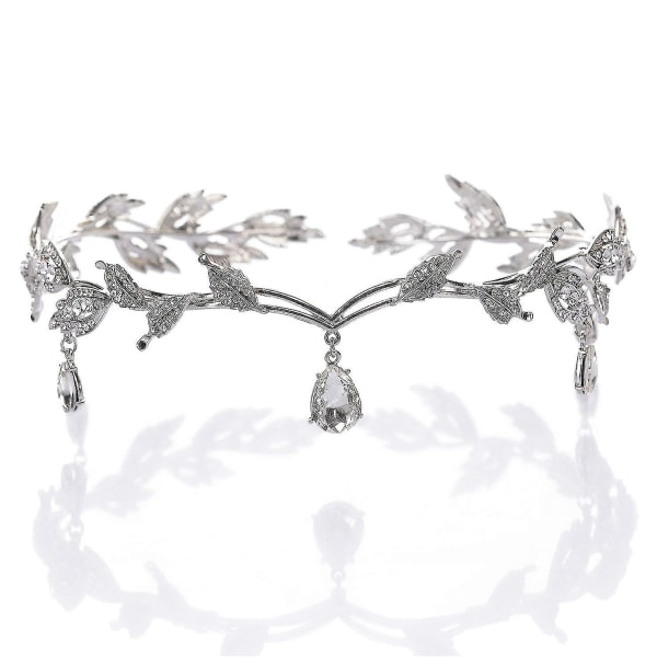 Rhinestone Leaf Wedding Crown Headband For Brides, Crystal Pendent Tiara Headband For Wedding Prom Birthday, Silver