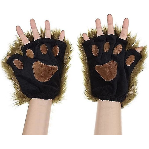 Cat Claw Paw Fingerless Goves Mjuk vinter Fuskpäls Plyschhandskar Varma Cosplay Fancy Party Kostym Tillbehör 2st brun