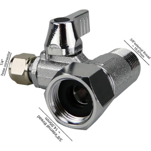 3/8 x 3/8 x 1/4 T-adapter stopventil – Forkromet messing – 1/4\" kompressionsfitting til plastslange – Nem installation