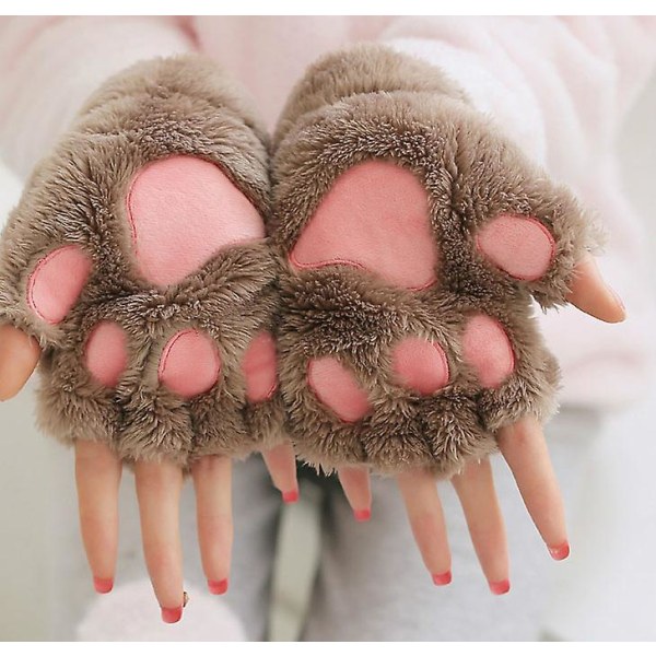 Kattepotehandsker Søde tegneseriekatpigers åbne fingerhandsker fortykkede varme fnug Bjørnepote halvfingerhandsker om vinteren Khaki