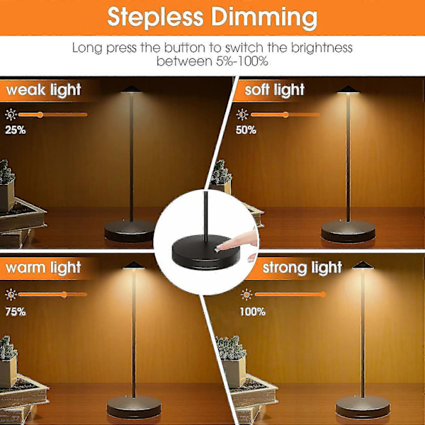 LED Touch Trådløs Bordlampe, Oppladbar Bærbar Bordlampe, 3 Lysstyrkenivåer Dimbar Skrivebordslampe for Soverom Hjem Lesing Kontor Bar Kafé Terrasse Black