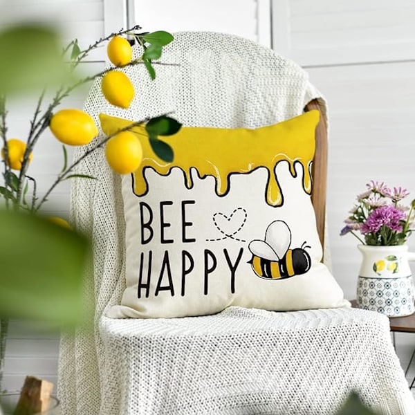 Bee Happy Bee Kind Prydnadskuddar, 45 x 45 cm Honung och Bi Sommar Kuddfodral Dekoration för Soffa Soffgrupp Set om 4