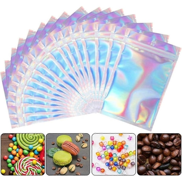 100 Stykker Mylar Ziplock-poser, 10x15cm Folieposer Gjenlukkbare Ziplock-poser Holografiske Luktsikre Poser for Festgaver Mat Godteri Kjeks Smykker
