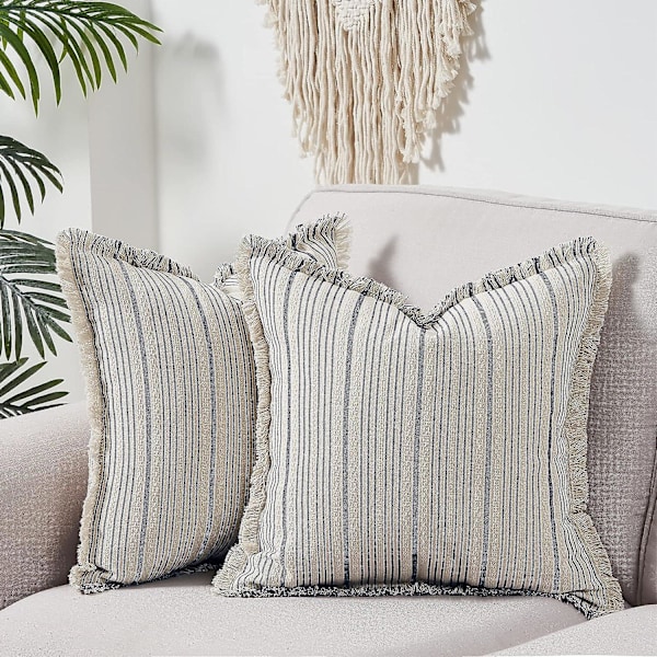 Bondegård Marineblå Striper Pynteputetrekk Med Dusker Sett Med 2 18x18, Moderne Aksent Dekorative Frynsete Putetrekk, Boho Teksturert Linpute
