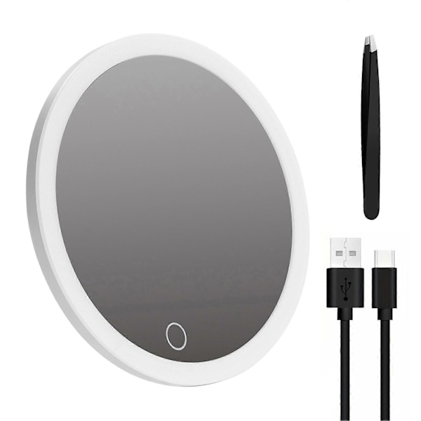 10CM 30X Forstørrelsesspejl med Pincet Bærbart Rejse LED Makeup Spejl med 3 Sugekopper Genopladeligt Dæmpbart Forstørret Vanity Spejl Jikaix White