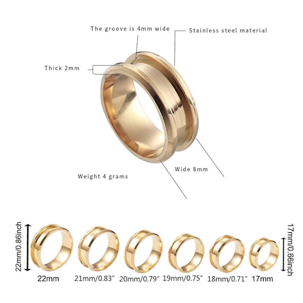 6x Ring Smykkefremstilling Vielsesringe Kerne Blank til Indlægsring Rustfrit Stål Rillet Fingerring 8mm Bredde Håndværk Gold