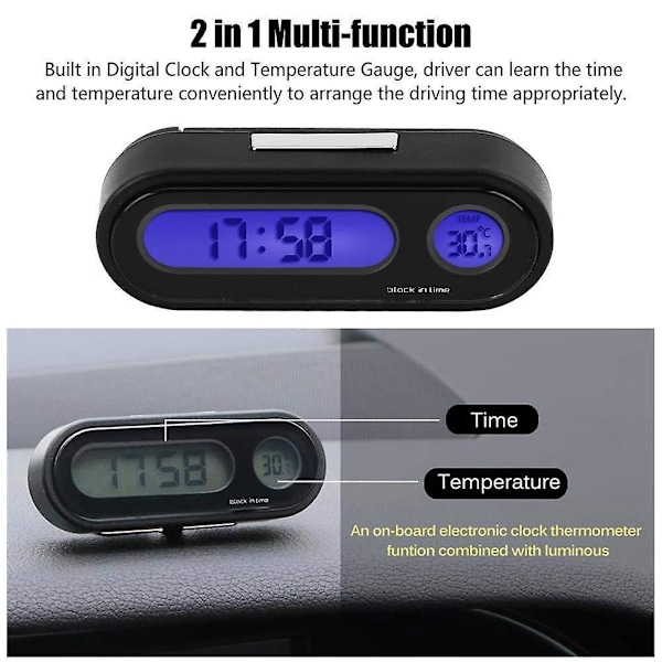 3 i 1 Bil Interiör LED Digital Klocka Termometer Voltmeter Svart 1 st