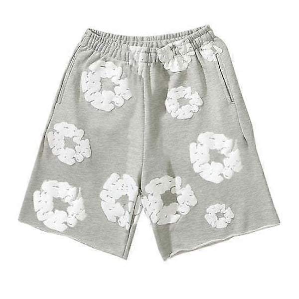 Sommer Herre Shorts Blomsterprint Snøre Elastisk Talje Løse Lommer Plisserede Ferie Strand Sport Casual Homewear Korte Bukser XXL grey