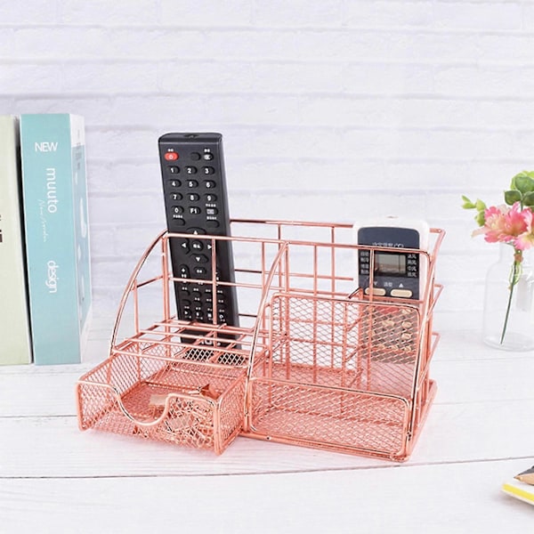 Kontorsmaterial i mesh med låda för hemmakontor skrivbord roséguld