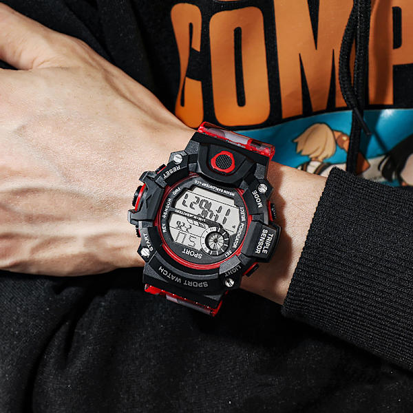 Ulkokäyttöinen elektroninen watch, iso kellotaulu monitoiminen valaiseva watch punainen red