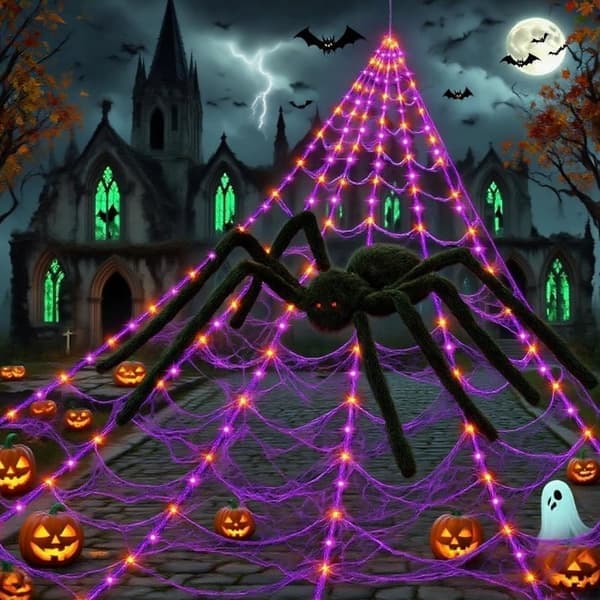 Halloween-dekoration - 5M edderkoppespind LED-lyskæde med 250 LED-lys og sort edderkop til hjem og have