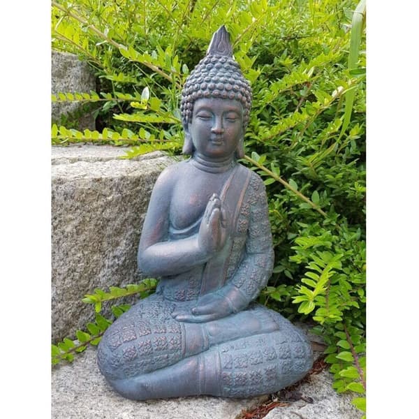 Feng Shui Buddha-statue, Buddha-figur, hagedekorasjon, kunststein-Buddha, 33 cm, imitert bronse