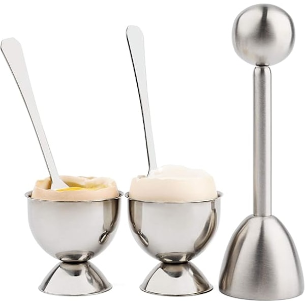 Mjuk Hårdkokt Äggskärare Topper Set Äggknäckare med 2 Koppar 2 Skedar 1 Topper Skärare Skalseparator Borttagare Rostfritt Stål Köksredskap