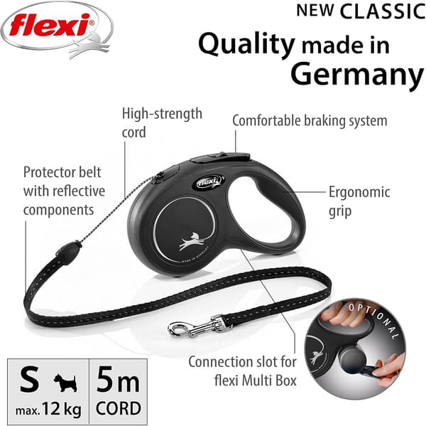 Uusi Classic Flexi-talutin, musta, pieni, 5 m