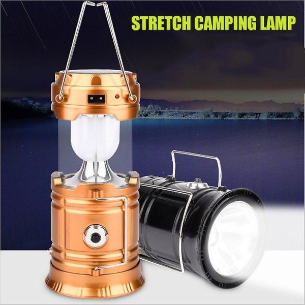 Golden Led Camping Lantern Portable Solar Uppladdningsbara Teleskopi