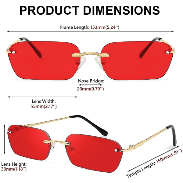 Retro små smale, kantløse solbriller Clear Eyewear Vintage rektangulære solbriller for kvinner menn B2643 Red