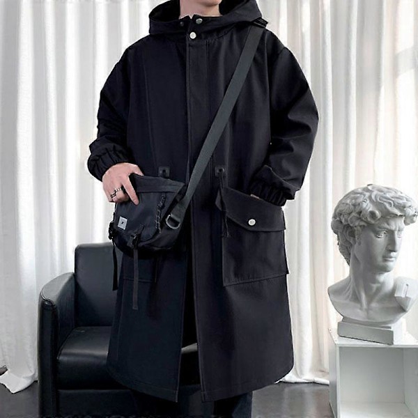 Vattentät vårjacka Herr med huva Vindtät Enfärgad Trendig Kappa Ledig Bekväm Parkas Lång M black