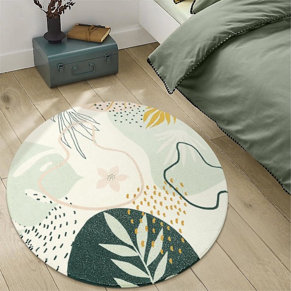Boho Rundt Område Teppe - 90 cm Vaskbart Rundt Baderomsteppe Sklisikkert Lite Sirkel Teppe for Soverom Mykt Søtt Barneromsteppe, Grønt Botanisk Trykk Ro