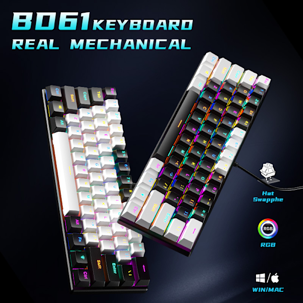 Membran Gaming Tangentbord 61 Tangenter RGB Bakgrundsbelysning Ergonomisk USB-gränssnitt Dator Tangentbord för Windows System Kontor Hem Vit Svart