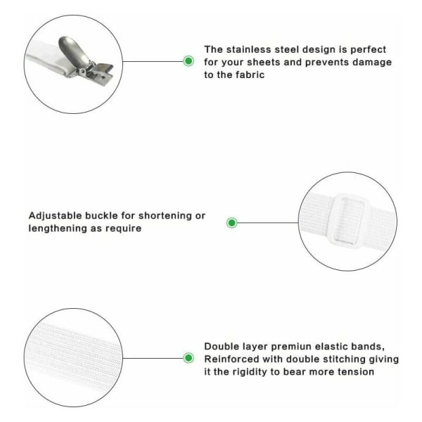Sæt med 4 sengetilbehør Justerbar lagnetstrammer elastisk strop, til lagner, sofa, betræk - 30 cm til 120 cm, hvid