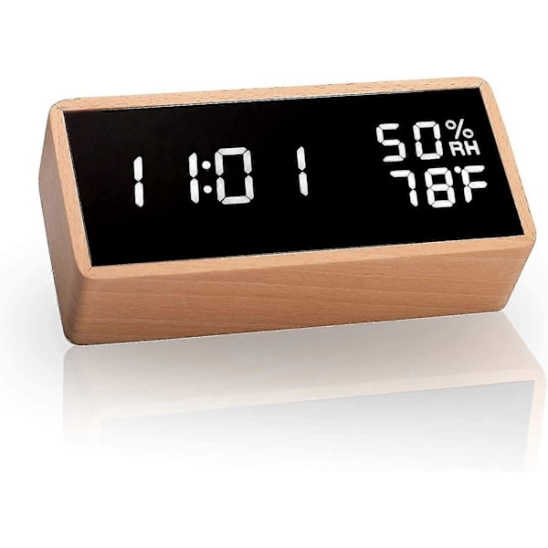 Elektronisk vekkerklokke, digital vekkerklokke i tre med 3 alarm-innstillinger, USB-drevet digital klokke med tid, temperatur og fuktighet LED-skjerm (y