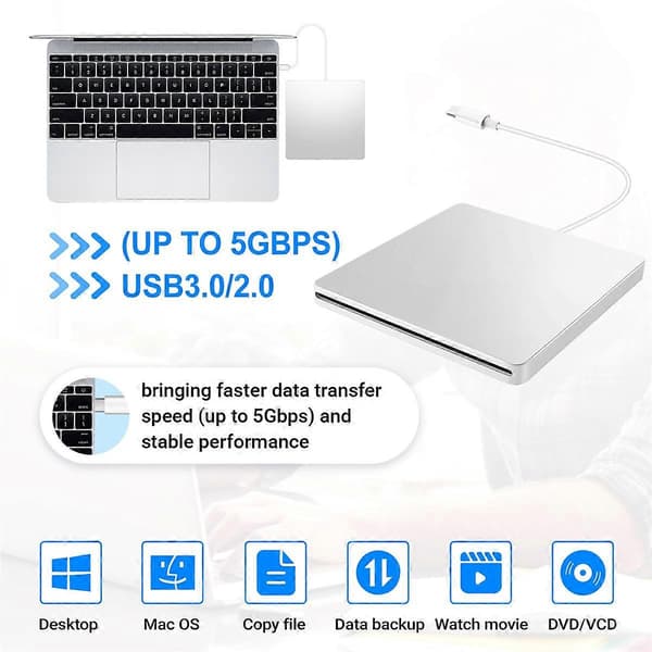 Extern USB CD/DVD-enhet Typ C Portabel Drivrutinsfri CD-filmspelare för Laptop PC Windows Mac
