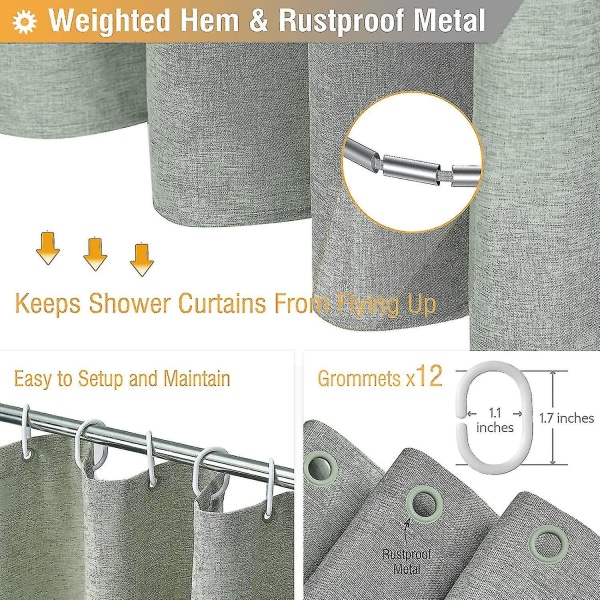 180 X 200 Cm, Sage Green lång duschdraperi, linne texturerat kraftigt tyg duschdraperi Set med 12 plastkrokar, neutralt vattentätt polyesterbadkar