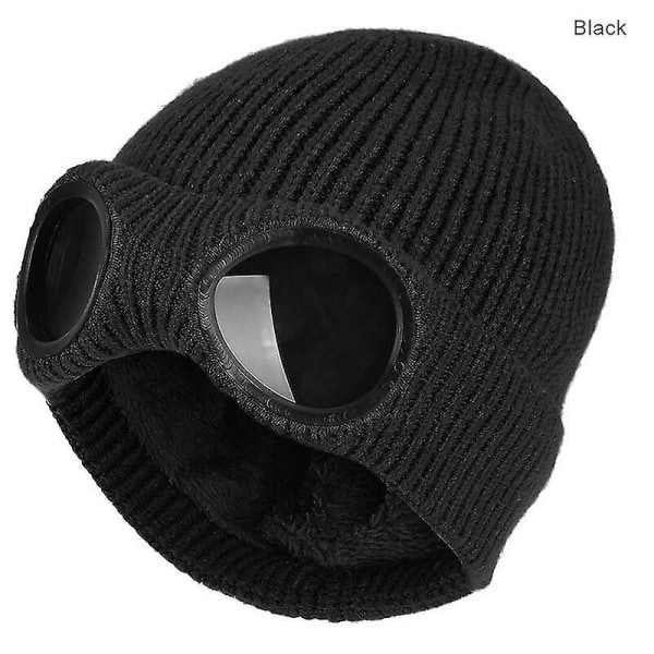 2022 Uusi talvihattu Naisten lasit Hatut Neulottu Linssi Pipo Hattu Street Neulottu Paksu Fleece Lämmin Hattu Unisex Aikuisten Cap black