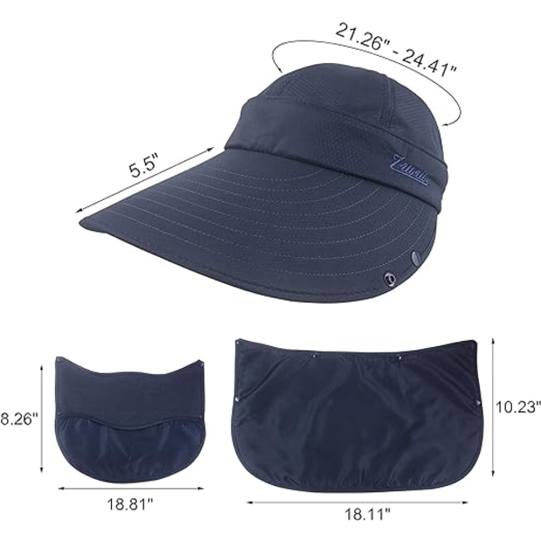 Women Sun Wide Brim UV Protection Fishing Hats Foldable Ponytail Summer Hat with Detachable Flap(Dark Blue) Dark Blue