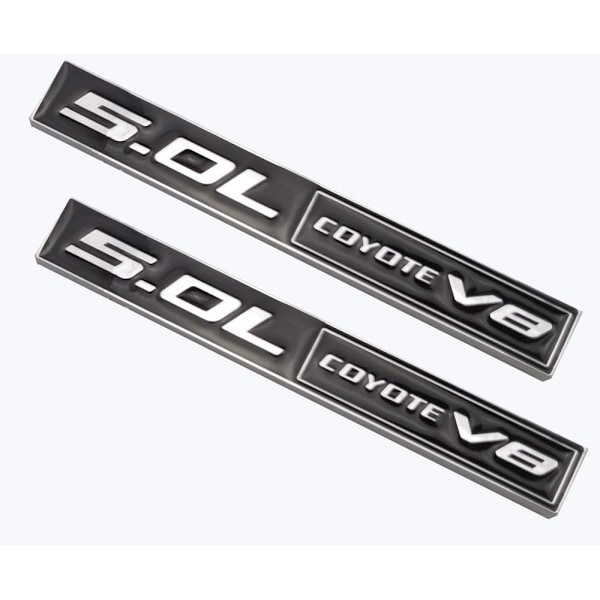 2 stk. 5.0L Coyote V8 Emblemer, 3D Trim Fender Hook Bagagerums Badge Mærkater Klistermærker Kompatible til Mustang F150 (Chrome Sort)