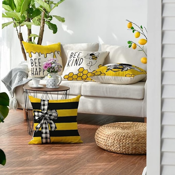 Bee Happy Bee Kind Prydnadskuddar, 45 x 45 cm Honung och Bi Sommar Kuddfodral Dekoration för Soffa Soffgrupp Set om 4