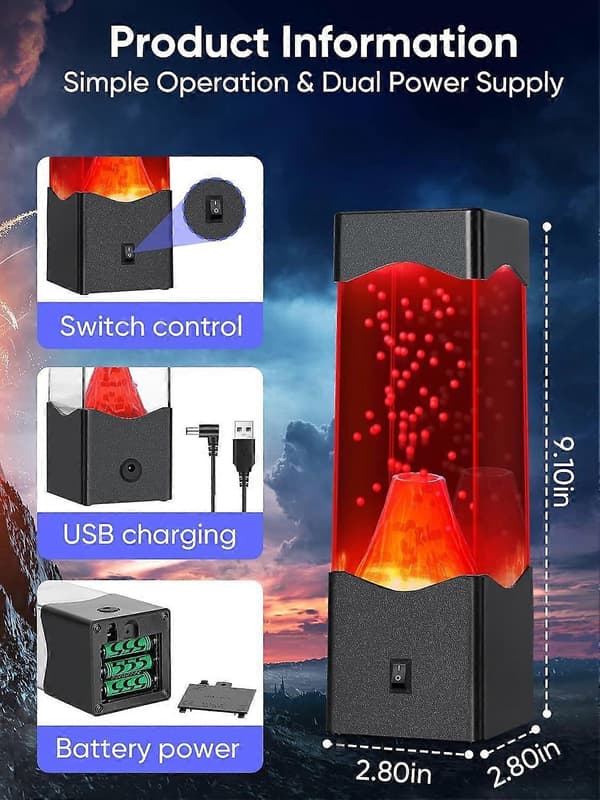 Vulkanlampe, Realistisk Vulkanutbrudd Nattlys, USB-drevet Skrivebords-Sovelampe