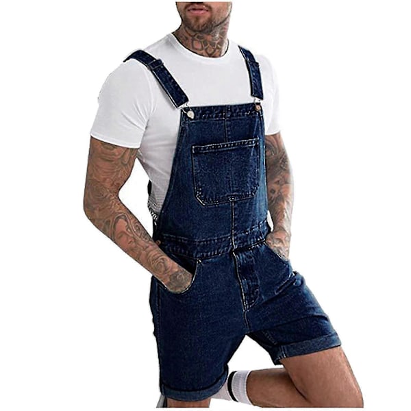 Mænd Casual Mode Solid Brystlomme Denim Ripped Shorts Straight Type Overalls Dark Blue 3XL