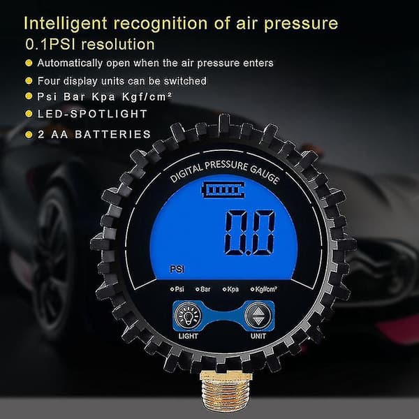 Digital Dæktryk Måler Dæktester Display Lufttryk Manometer Hurtigkobling Kobling Tråd 1/4