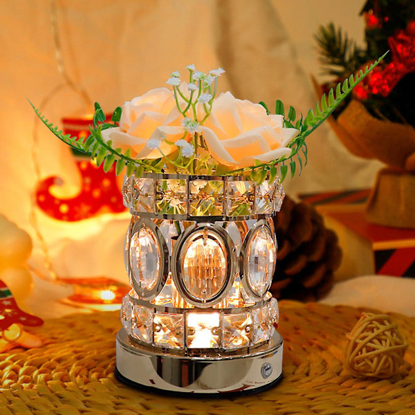 Rosabordslampa för hemmet, dimbar blomlampa, batteridriven rosabordslampa, konstgjord blomlampa med glasvas, liten lampa för sovrum