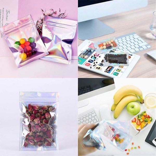 100 Stykker Mylar Ziplock-poser, 10x15cm Folieposer Gjenlukkbare Ziplock-poser Holografiske Luktsikre Poser for Festgaver Mat Godteri Kjeks Smykker
