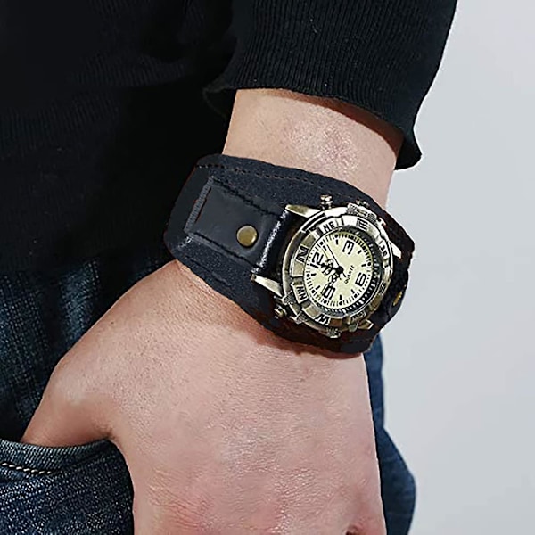 Retro Punk Äkta Läder Armbandsur för Män Hip Hop Mode Mångsidig