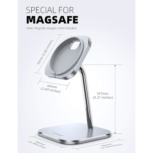 Telefonstativ for MagSafe-lader - Justerbar ladestasjon i aluminium for skrivebord, 360 graders rotasjon, kompatibel med Apple iPhone 15 14 Plus 13 12