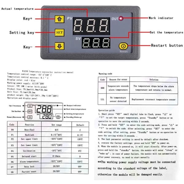Stykke W3230 AC 110V-220V Digital Temperaturkontroller, 20A Digital Display Termostat Kontrollbryter med 10K NTC Sensorprobe