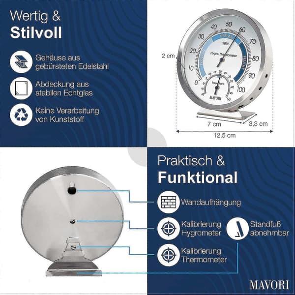 Indendørs Analog Hygrometer Termometer, Rustfrit Stål Fugtighedsmåler