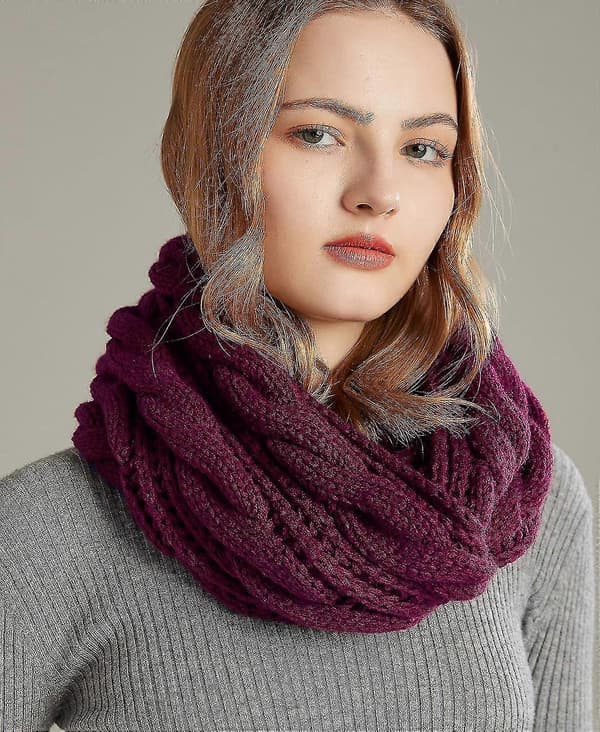 Dam Tjock Ribbstickad Vinter Infinity Cirkel Loop Halsduk Premium Twist Purple Red Grape
