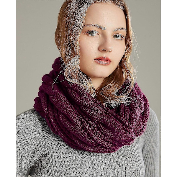 Dame Tyk Ribstrikket Vinter Infinity Circle Loop Halstørklæde Premium Twist Purple Red Grape